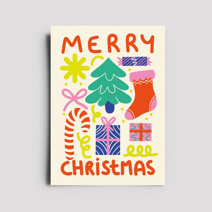 Postkarte - Weihnachten Merry Christmas beige