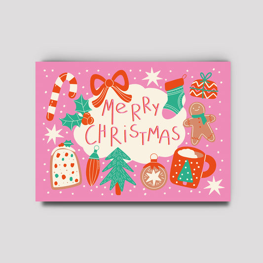 Postkarte - Weihnachten Merry Christmas pink